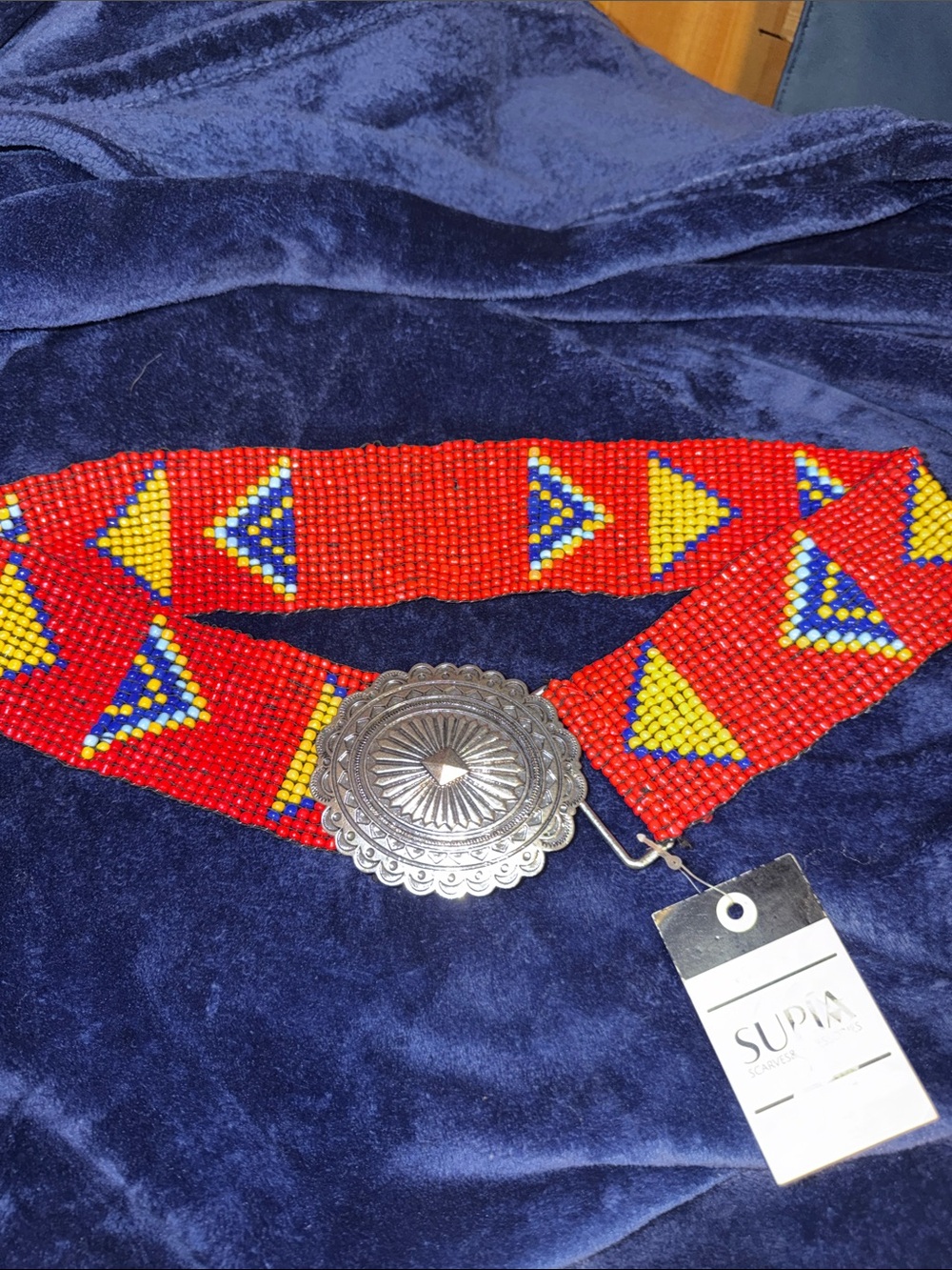 Vintage Red Beaded Southwestern/Boho Waist Belt with Decorative Silver Conch